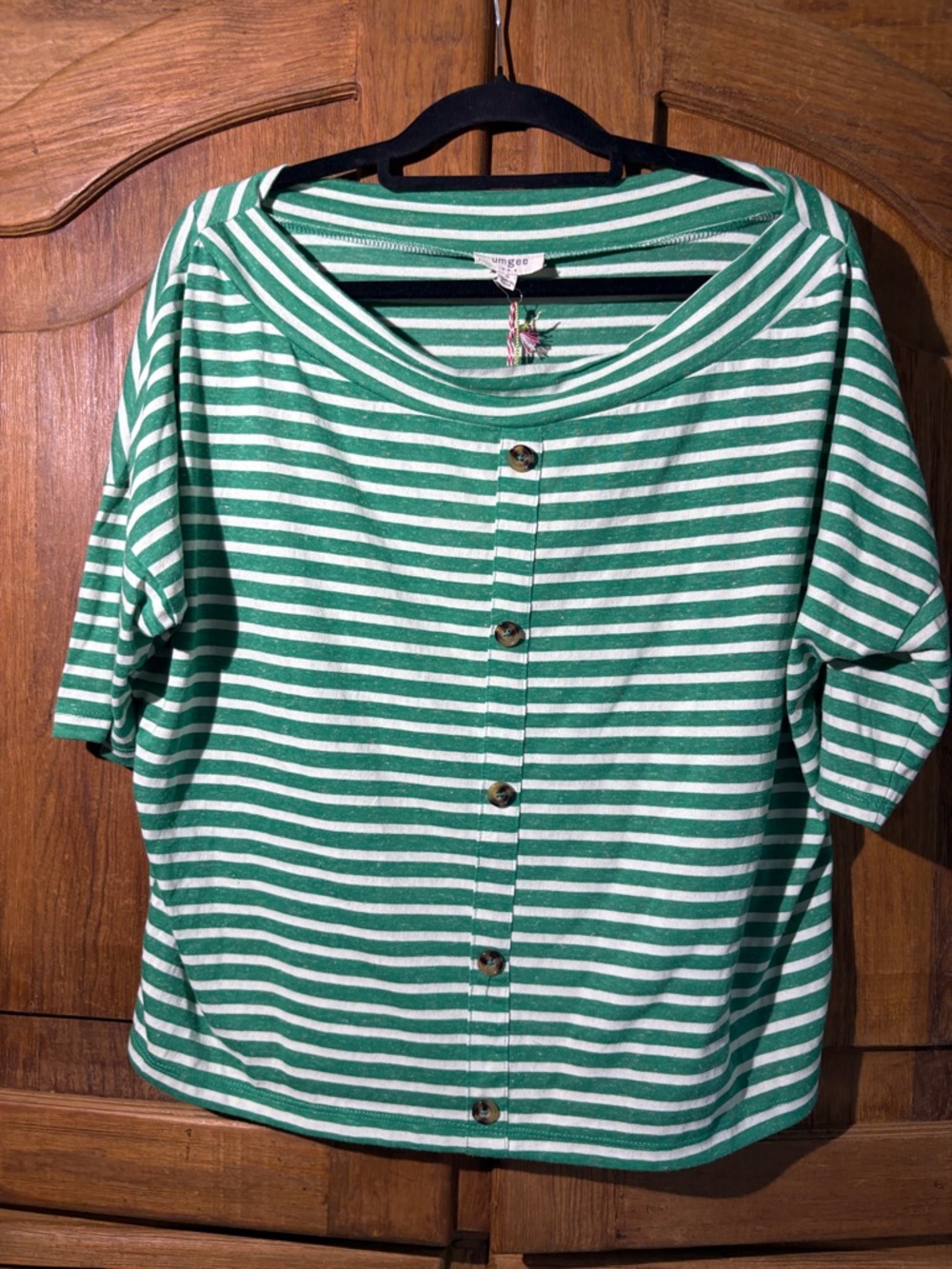 Umgee Green & White Striped Button-Back Knit Shirt